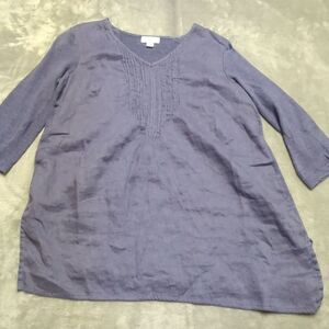J Jill Love Linen 100% Linen Blue Chambray Pullover Pleated V-Neck Raglan Sleeve